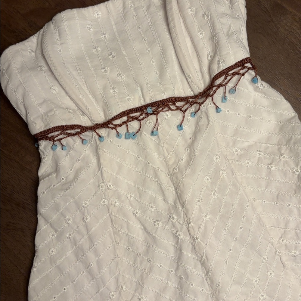 B. Moss Strapless White Boho Dress with Brown and Blue Accents